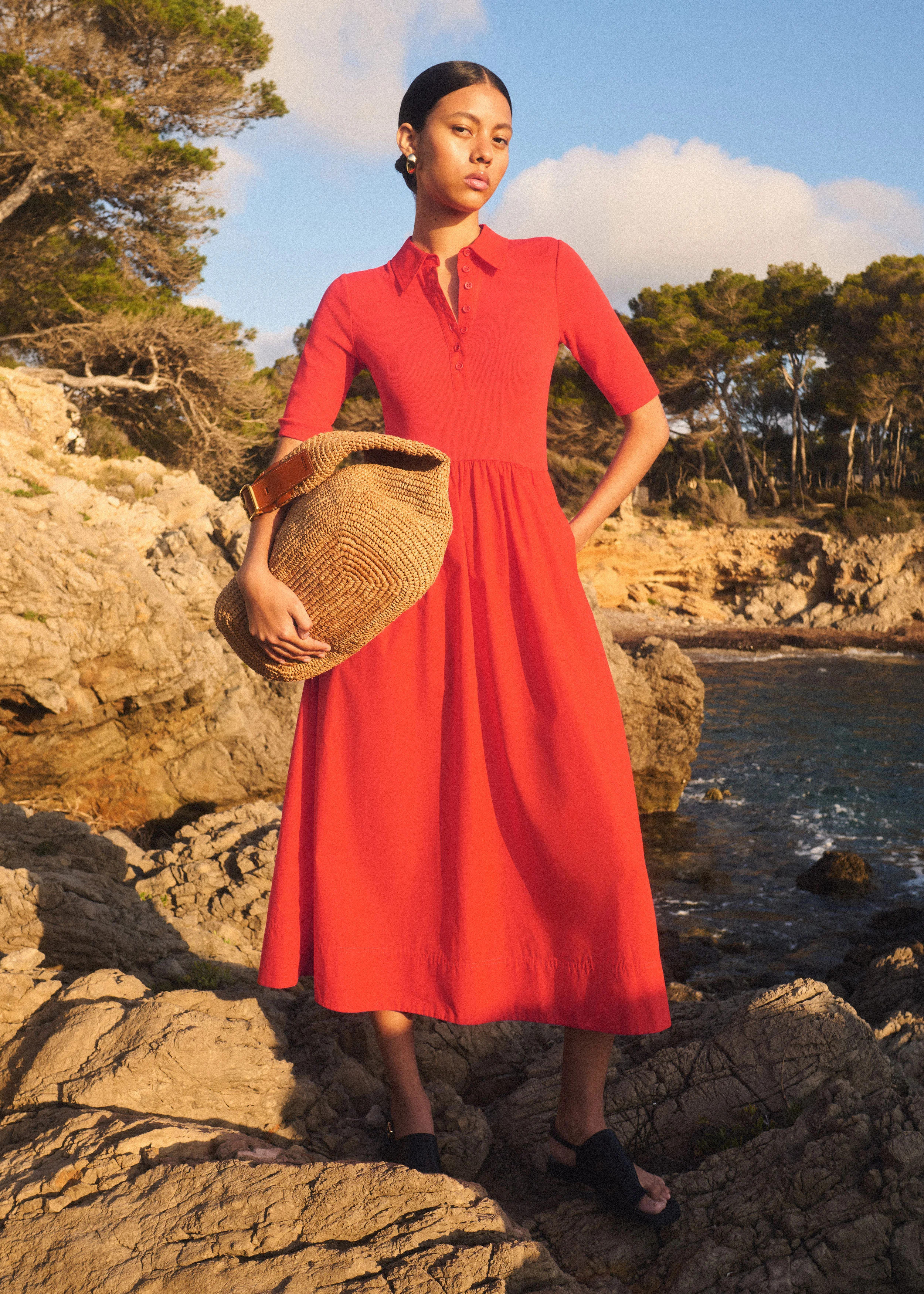 Women's Orange Mixed Media Shirt Collar Maxi Dress | ME+EM | ME+EM US