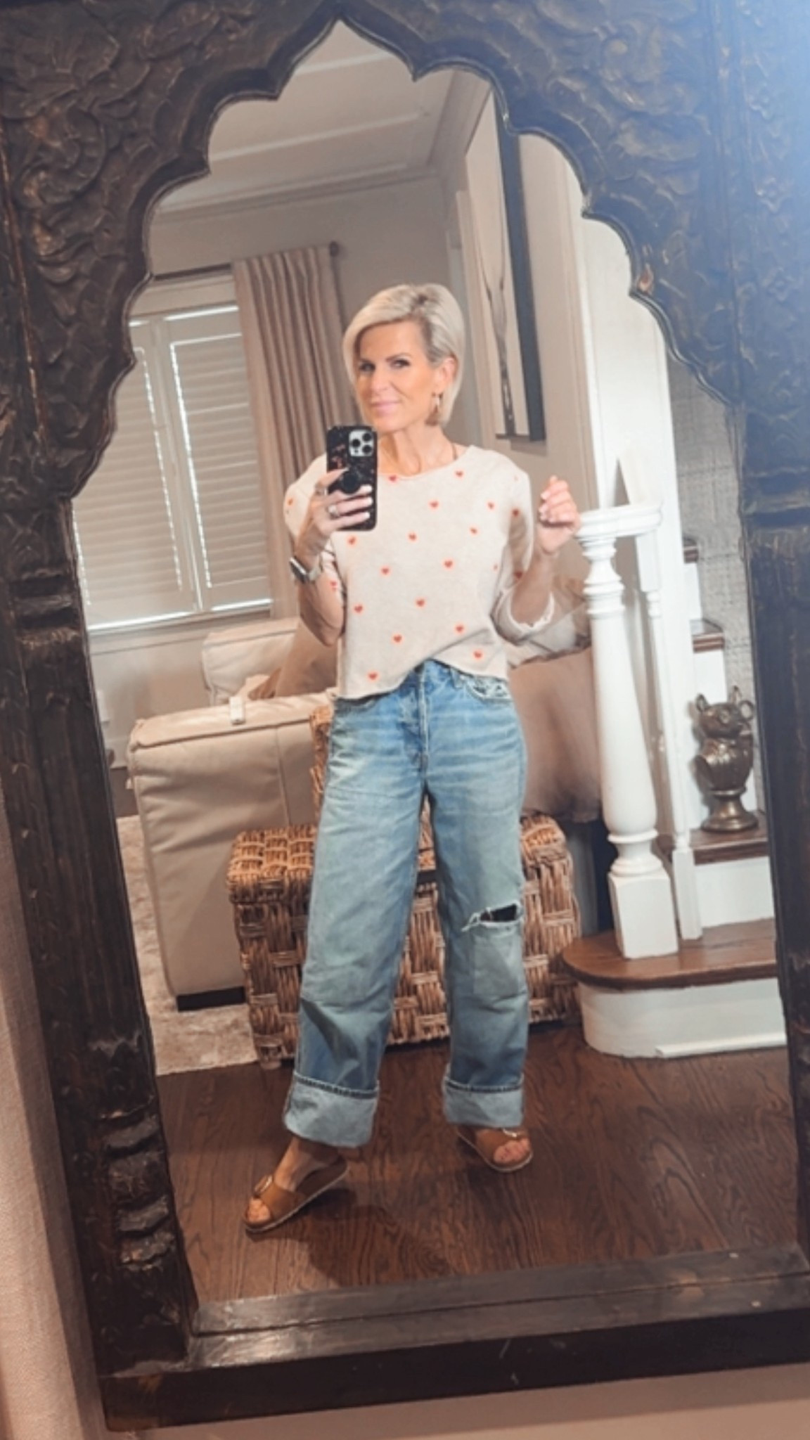 OOTD~ jeans from Target ( mid rise 90s baggie - Universal Thread) just couldn’t find link 

~ I cut neckline & bottom of sweatshirt… I like them this way! 