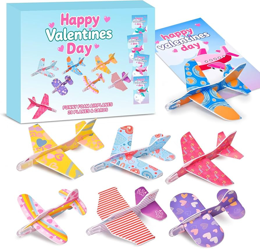 Valentines Day Gifts for Kids - 28 Flying Foam Airplanes Toys Valentine's Greeting Cards for Kids... | Amazon (US)