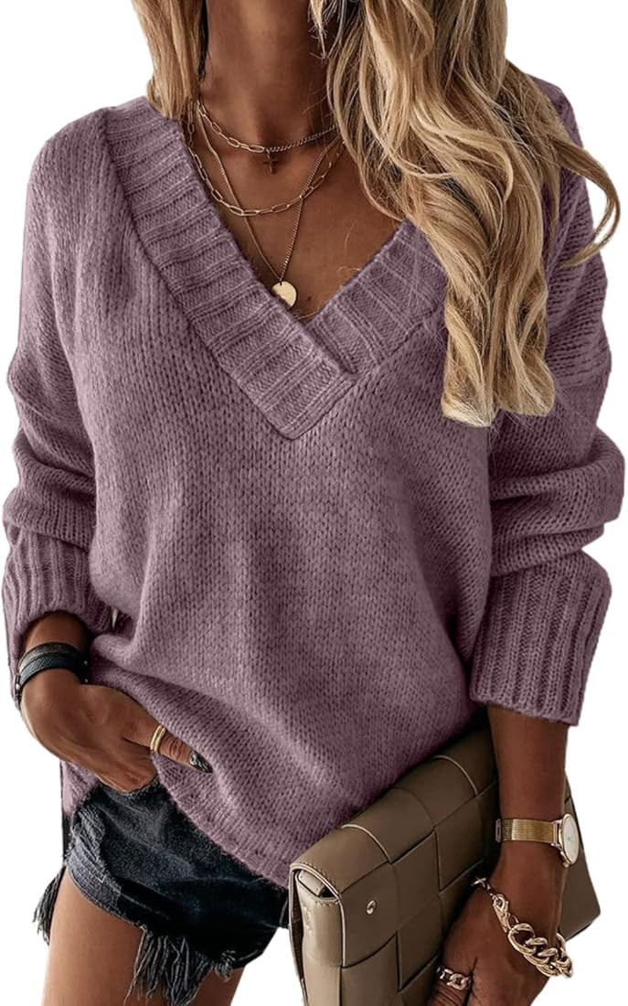 EVALESS Oversized Sweaters for Women Sexy Deep V Neck Long Sleeve Cable Knit Sweater Loose Jumper... | Amazon (US)