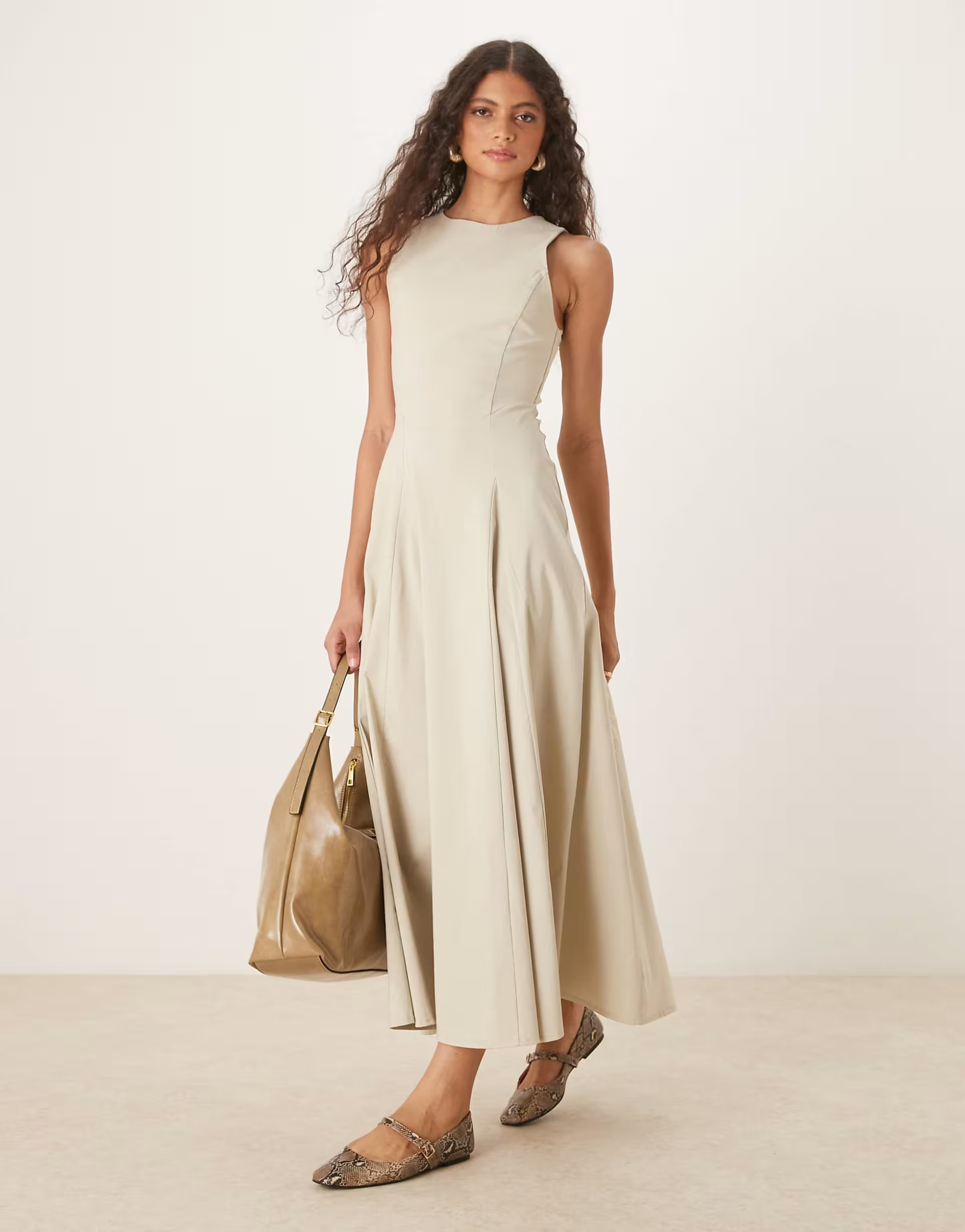 ASOS DESIGN bengaline sleeveless corset waist midi dress in stone | ASOS (Global)