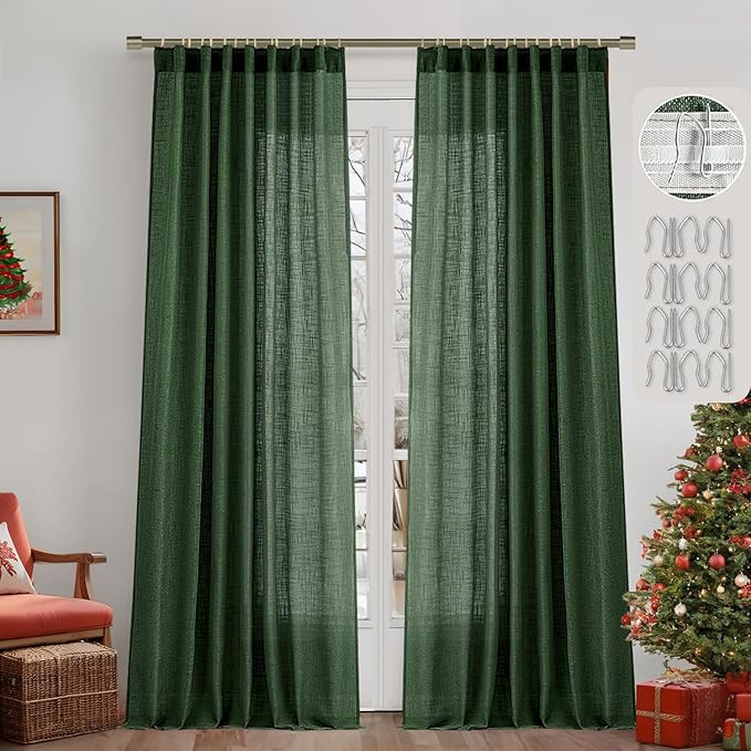 MIULEE Emerald Green Linen Curtains 84 Inch Length 2 Panels for Bedroom Living Room, Pinch Pleate... | Amazon (US)