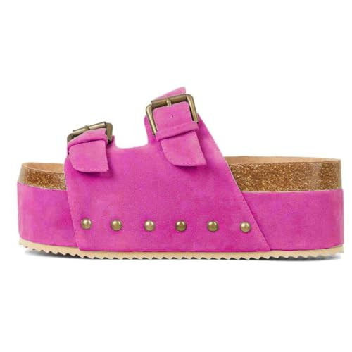 MICIFA Pink Platform Sandals Womens Cork Suede Platform Sandals Buckled Band Clogs Slip On Flatform Slides Shoes | Amazon (US)