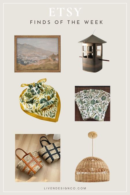 Etsy finds of the week. Mother's Day gift ideas. Bird feeder. Landscape painting. Scarf. Bandana. Block print napkins. Table linens. Spring dining. Summer dining. Woven chandelier. Woven tote. Straw beach tote. Straw handbag. 

#LTKhome #LTKstyletip #LTKSeasonal