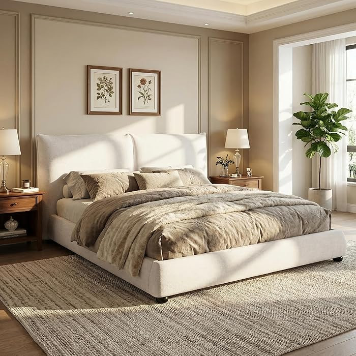 Merax King Size Linen Blend Upholstered Bed Frame with 6.8" Thick Pillow-Back Headboard, Low Prof... | Amazon (CA)