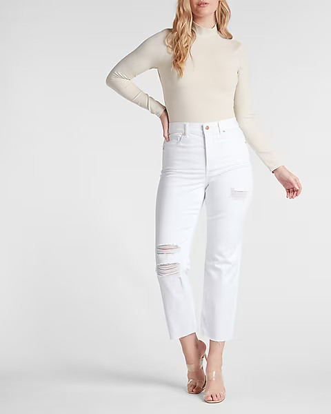 High Waisted White Ripped Straight Ankle Jeans | Express