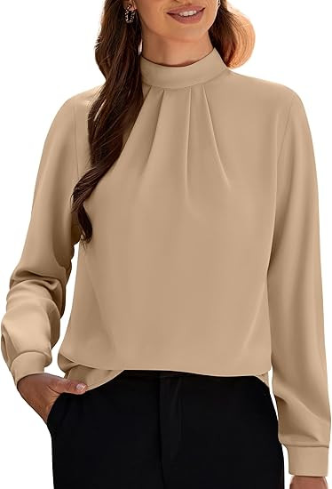 Funlingo Women's Long Sleeve Tops Dressy Casual Mock Neck Work Blouse Fall Trendy Front Pleated T... | Amazon (US)