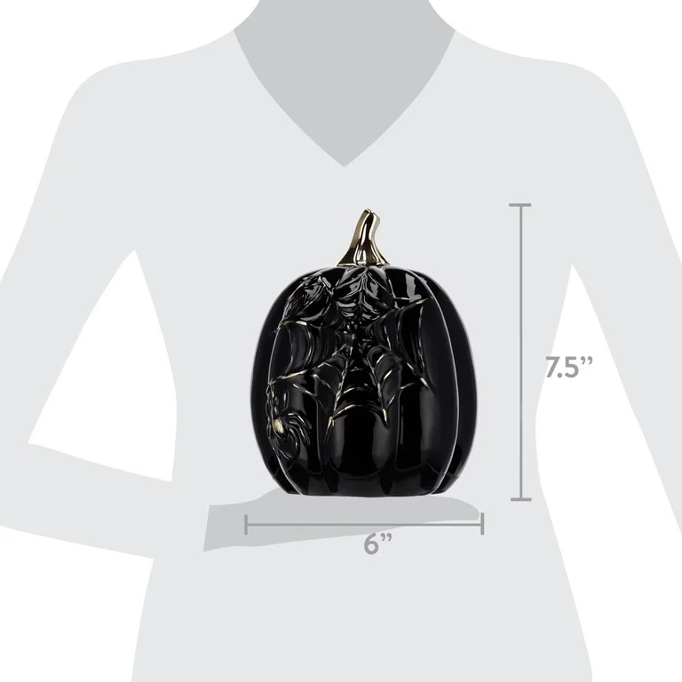 My Texas House Large Stoneware Spiderweb Pumpkin Tabletop Decoration, Black and Gold, 7" | Walmart (US)