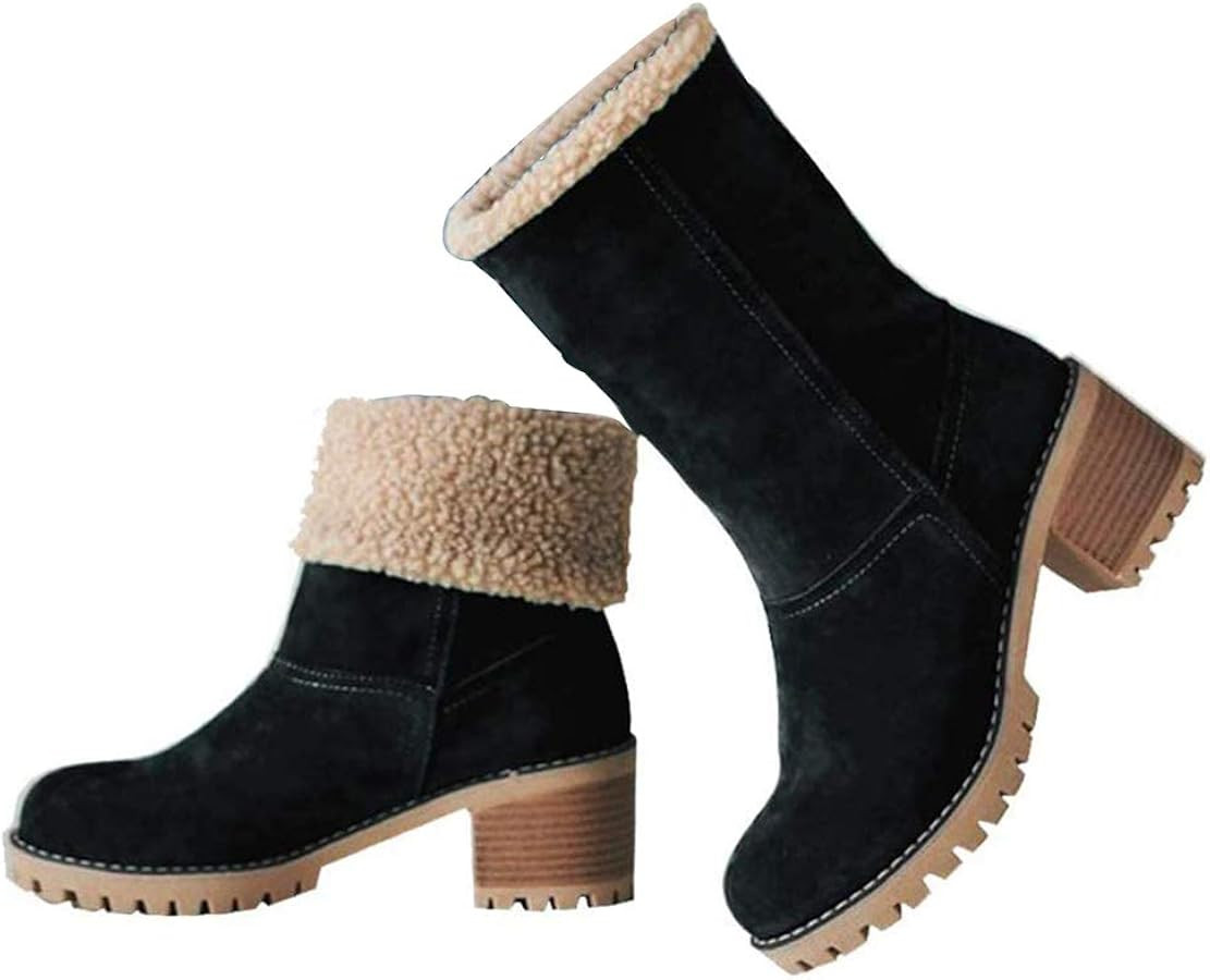VIMISAOI Winter Boots for Women, Comfortable Slip On Mid Chunky Heel Suede Warm Snow Ankle Boots ... | Amazon (US)