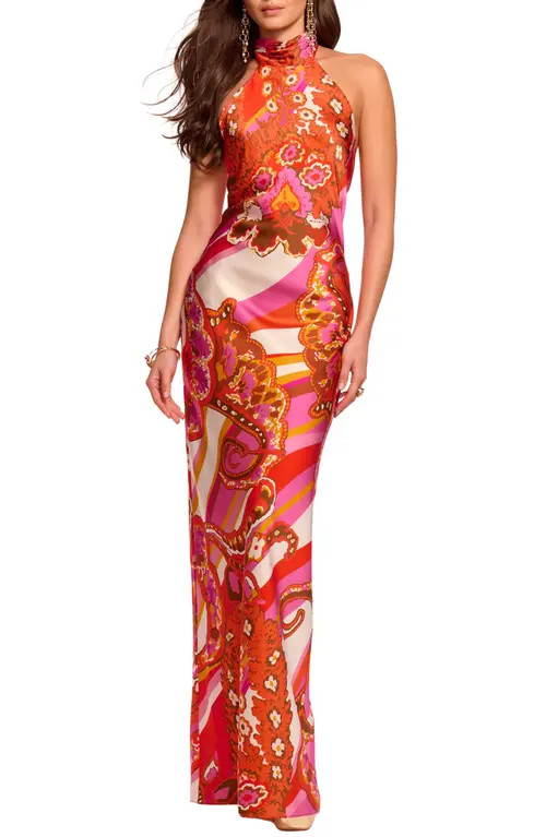 Ramy Brook Tatiana Mixed Print Stretch Silk Halter Neck Gown in Fiesta Pink Multi at Nordstrom, Size 0 | Nordstrom