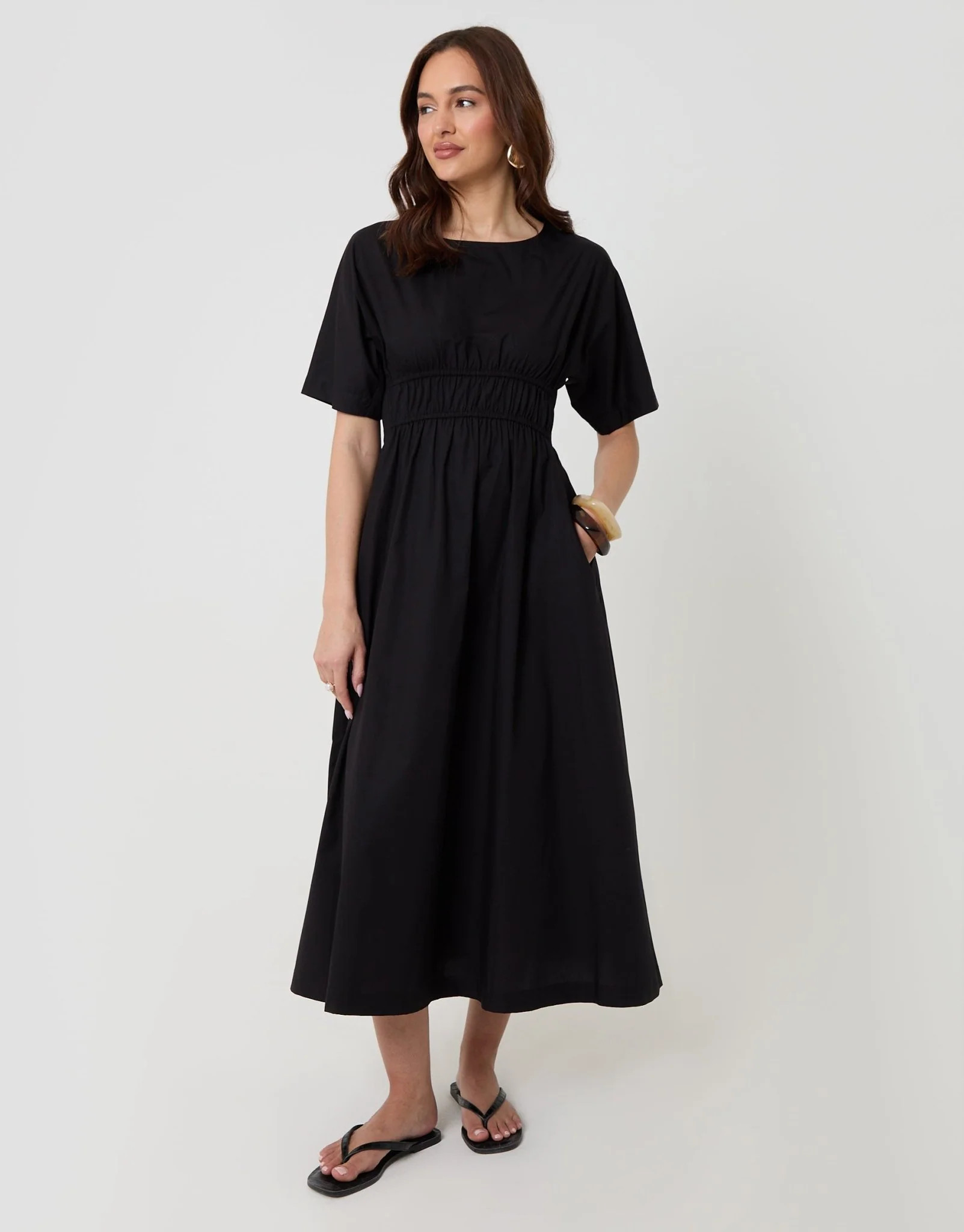 Elasticated Waist Pure Cotton Midi Dress in Black | Threadbare UK