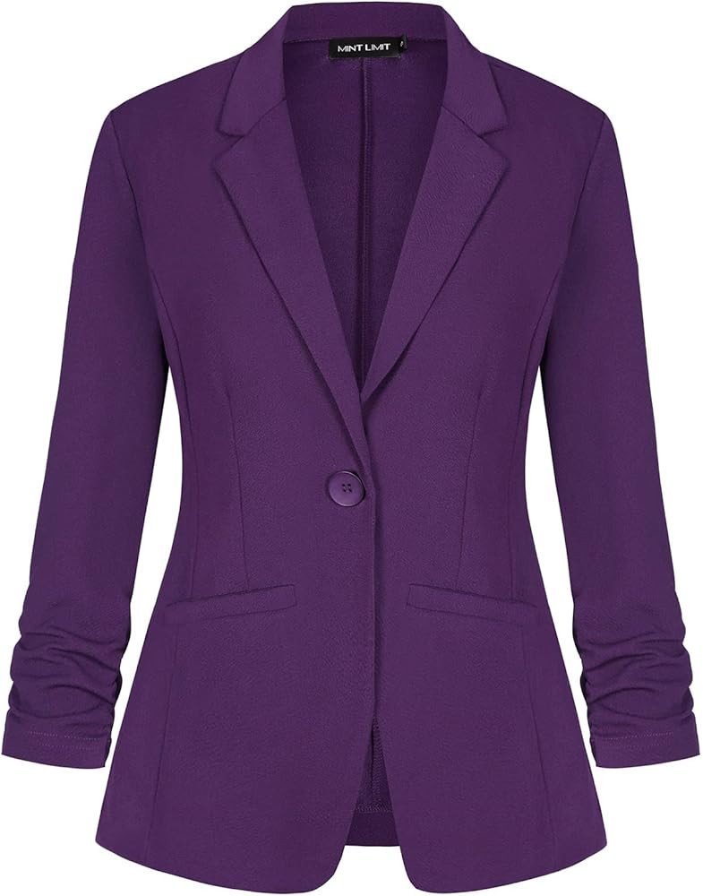 MINTLIMIT Women's Casual Blazer 3/4 Ruched Sleeve Open Front Button Work Office Blazer Jackets wi... | Amazon (US)