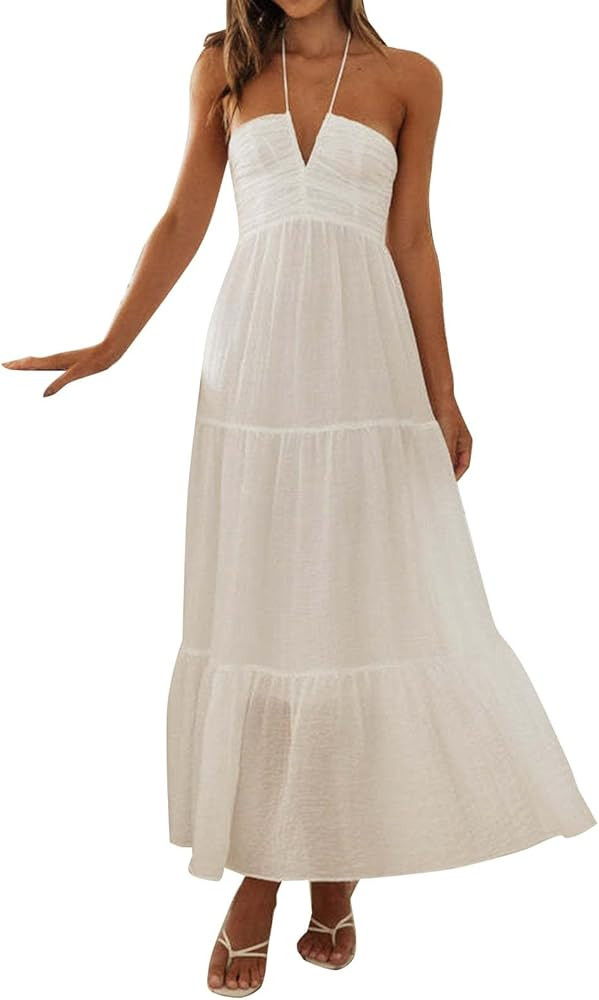 Sundresses for Women 2024 V-Neck Sleeveless Sling Long Dress Pleated Solid Color Patchwork Maxi D... | Amazon (US)