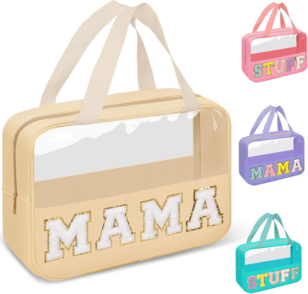 Preppy Clear Mama Makeup Bags with Chenille Letter Patches, Travel Essentials Large Clear Make up... | Amazon (US)