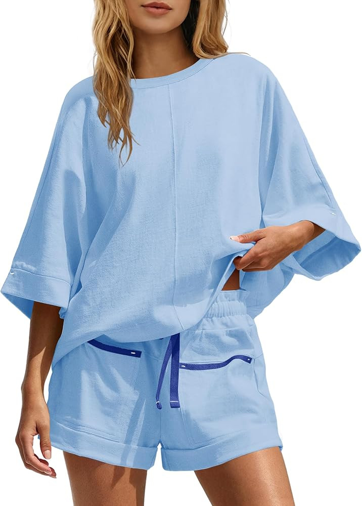 Nirovien Womens 2 Piece Short Sets Travel Vacation Outfits Half Sleeve Tops and High Waisted Shor... | Amazon (US)