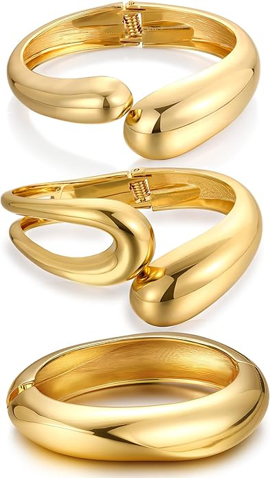 Chunky Gold Bangle Bracelets for Women, Dainty 14k Gold Plated Big Stackable Bangles Set, Trendy ... | Amazon (US)