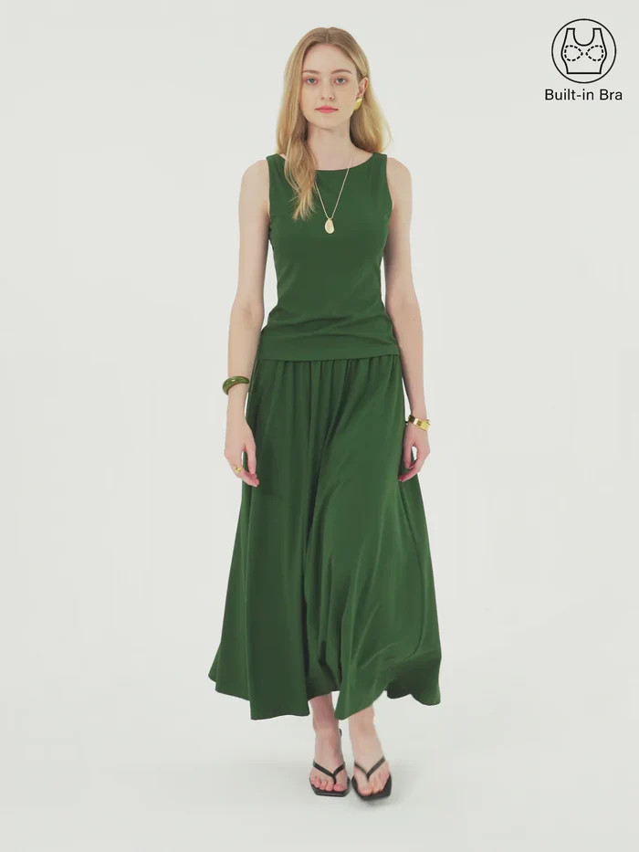 2Pcs Set Stretch Cotton Boatneck Bra Tank & Maxi Umbrella Skirt with Pockets | OGLmove