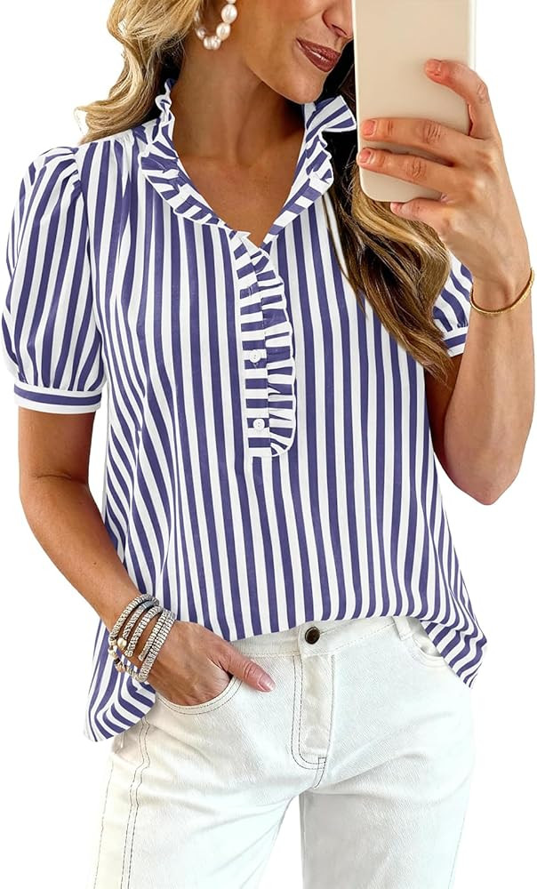 Women's Short Puff Sleeve Button Down Shirts Striped Plaid Ruffle Stand Collar Shirt Summer Tops ... | Amazon (US)