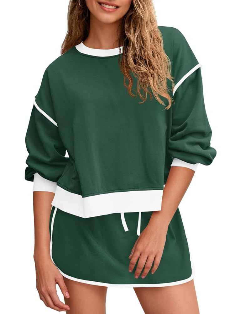 Fisoew Womens Sweatsuits 2 Piece Set Crewneck Sweatshirts High Waisted Skort Skirts Tennis Runnin... | Amazon (US)