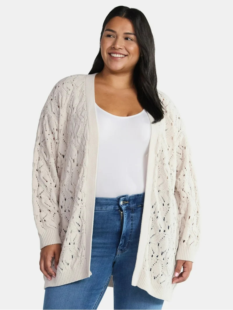 Terra & Sky Women's Plus Size Chenille Crochet Cardigan Sweater, Midweight, Sizes 0X-5X | Walmart (US)