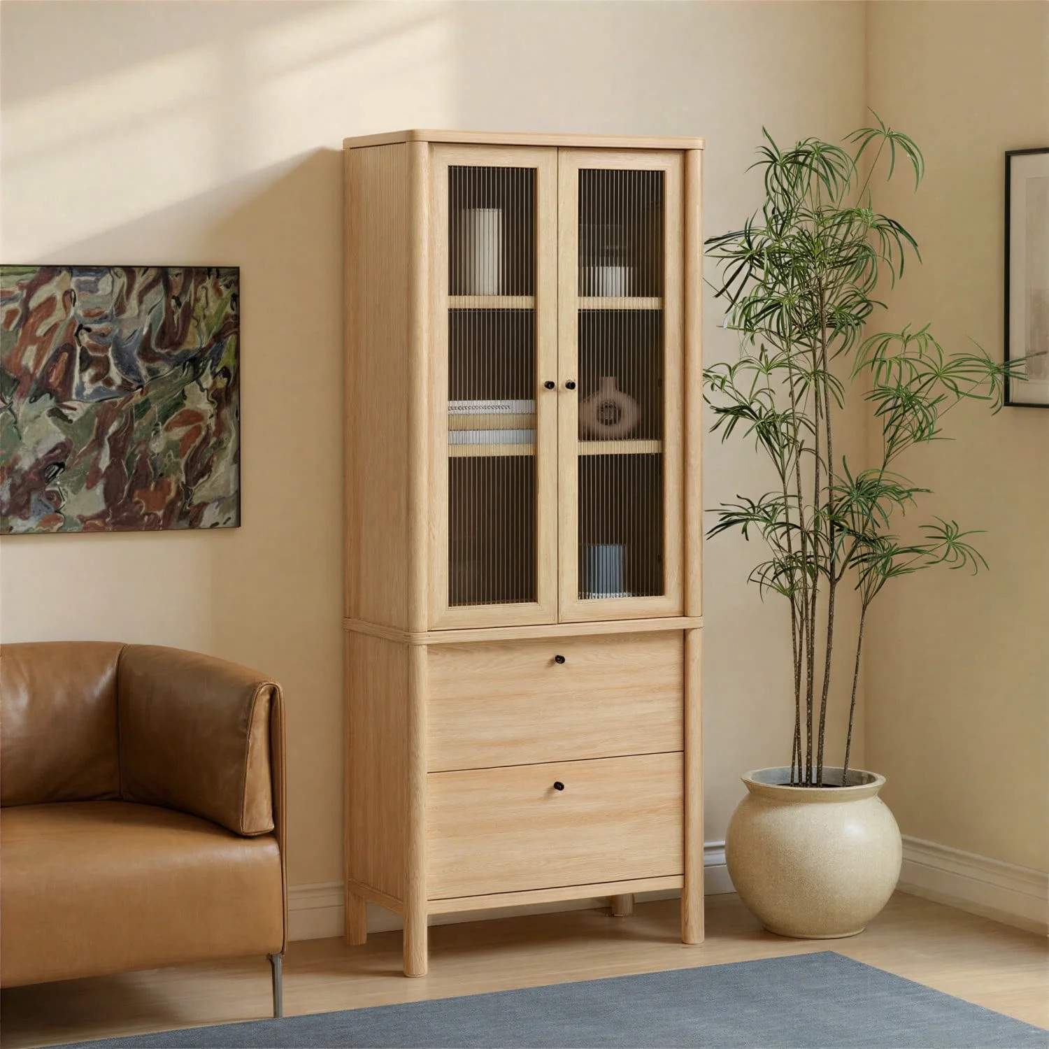 Penelope Modern Fluted Glass Bookshelf Cabinet with Drawers, Coastal Oak | Walmart (US)