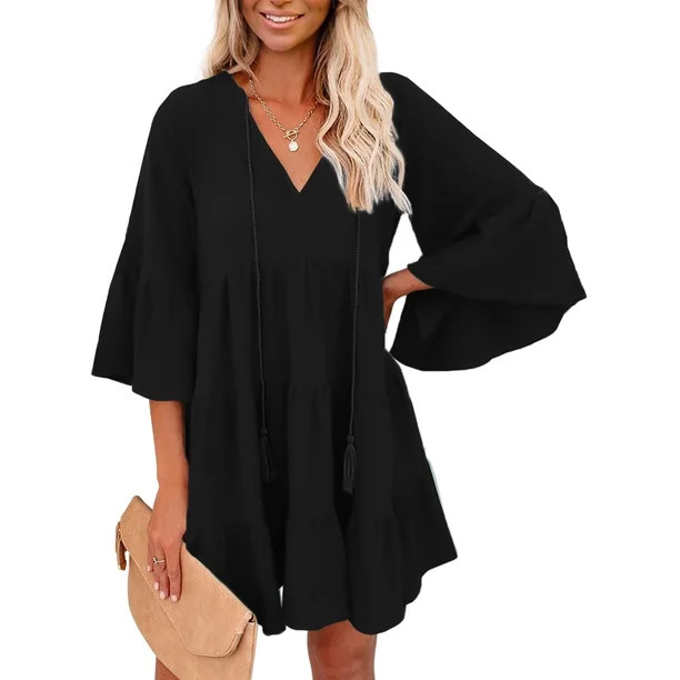 Dokotoo Women's Black Tassel Swing Mini Dresses V Neck Tunic Dress Loose Flowy Casual Bell Sleeve... | Walmart (US)