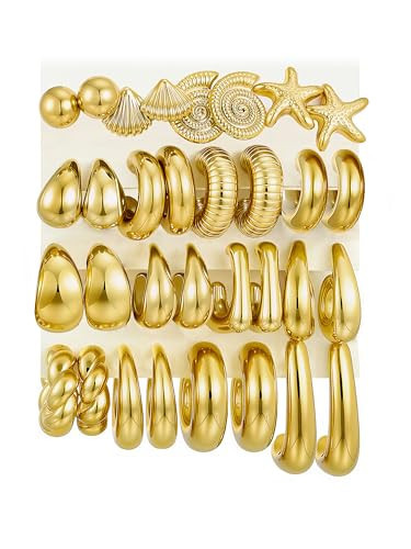 16 Pairs Chunky Gold Hoop Earrings Set for Women, Lightweight Ocean Theme Gold Hoop Earrings, Hypoallergenic Multipack Stack for Women Trendy Jewelry Gift | Amazon (US)