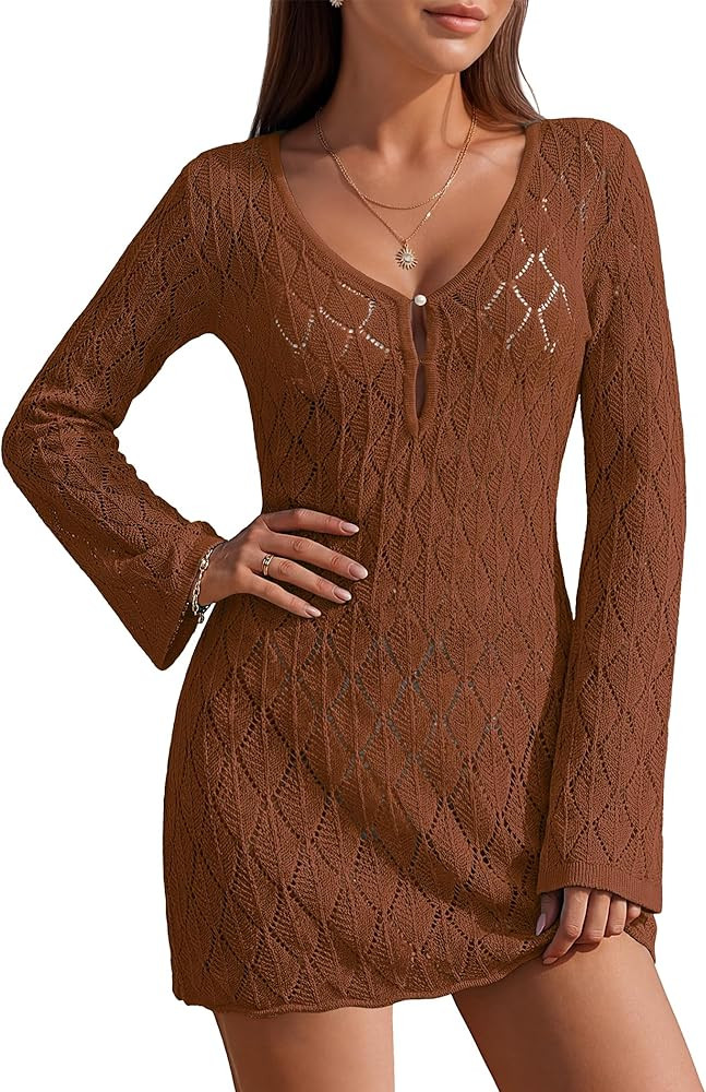 Ekouaer Swimsuit Coverup for Women Crochet Beach Cover Up Hollow Out Long Sleeve Cover Ups 2026 S... | Amazon (US)