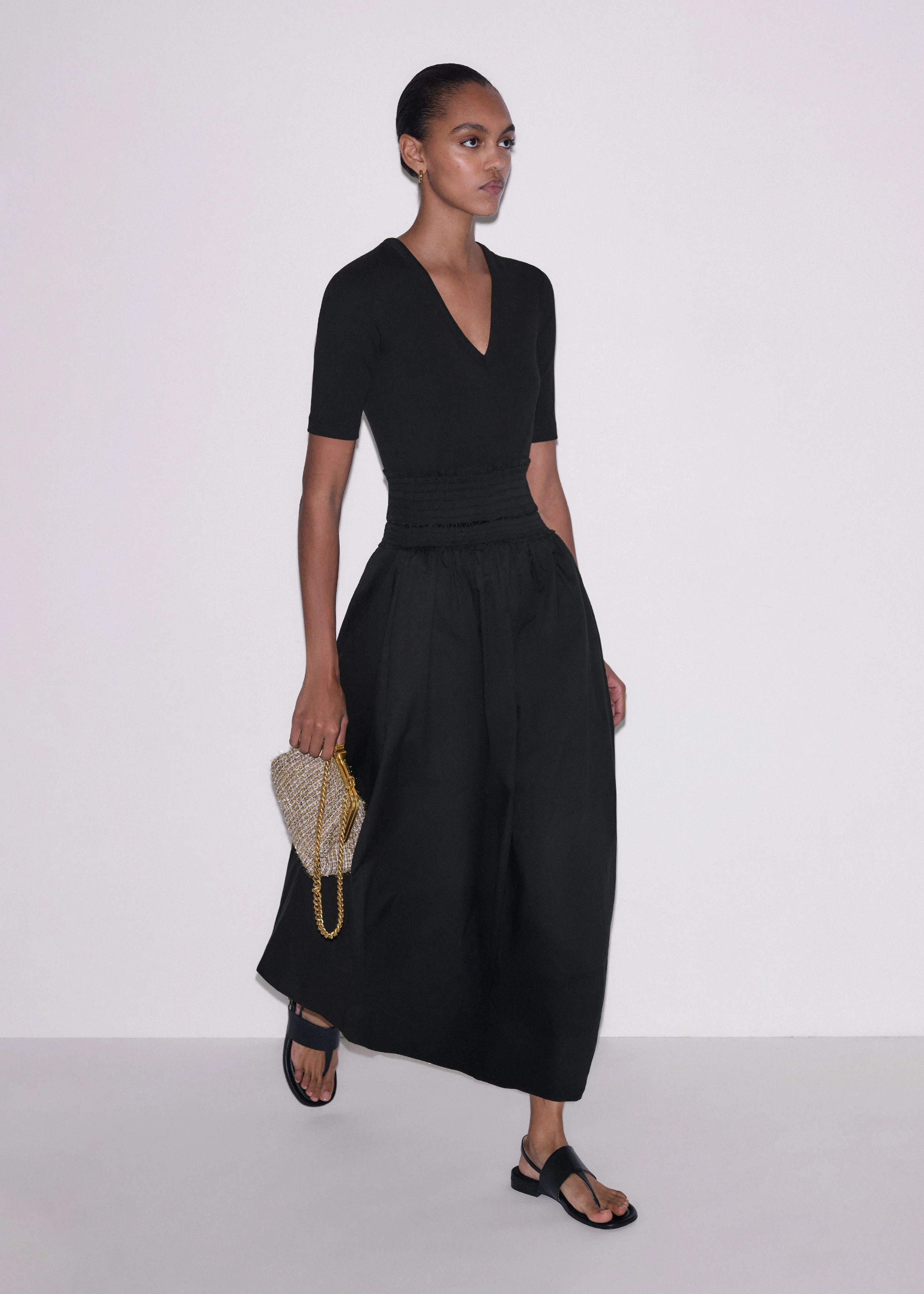 Women's Black V-Neck Smocked Skirt Mixed Media Maxi Dress | ME+EM | ME+EM Global (Excluding US)