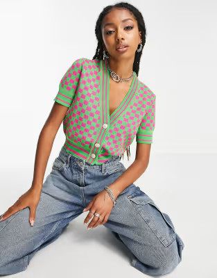 Urban Revivo knitted cardigan in pink and green | ASOS (Global)