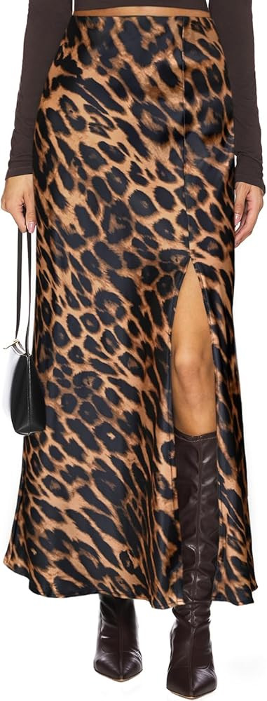 Women's Satin Maxi Skirt Silk High Waisted Side Slit Hidden Elastic Waistband Leopard Print Casua... | Amazon (US)