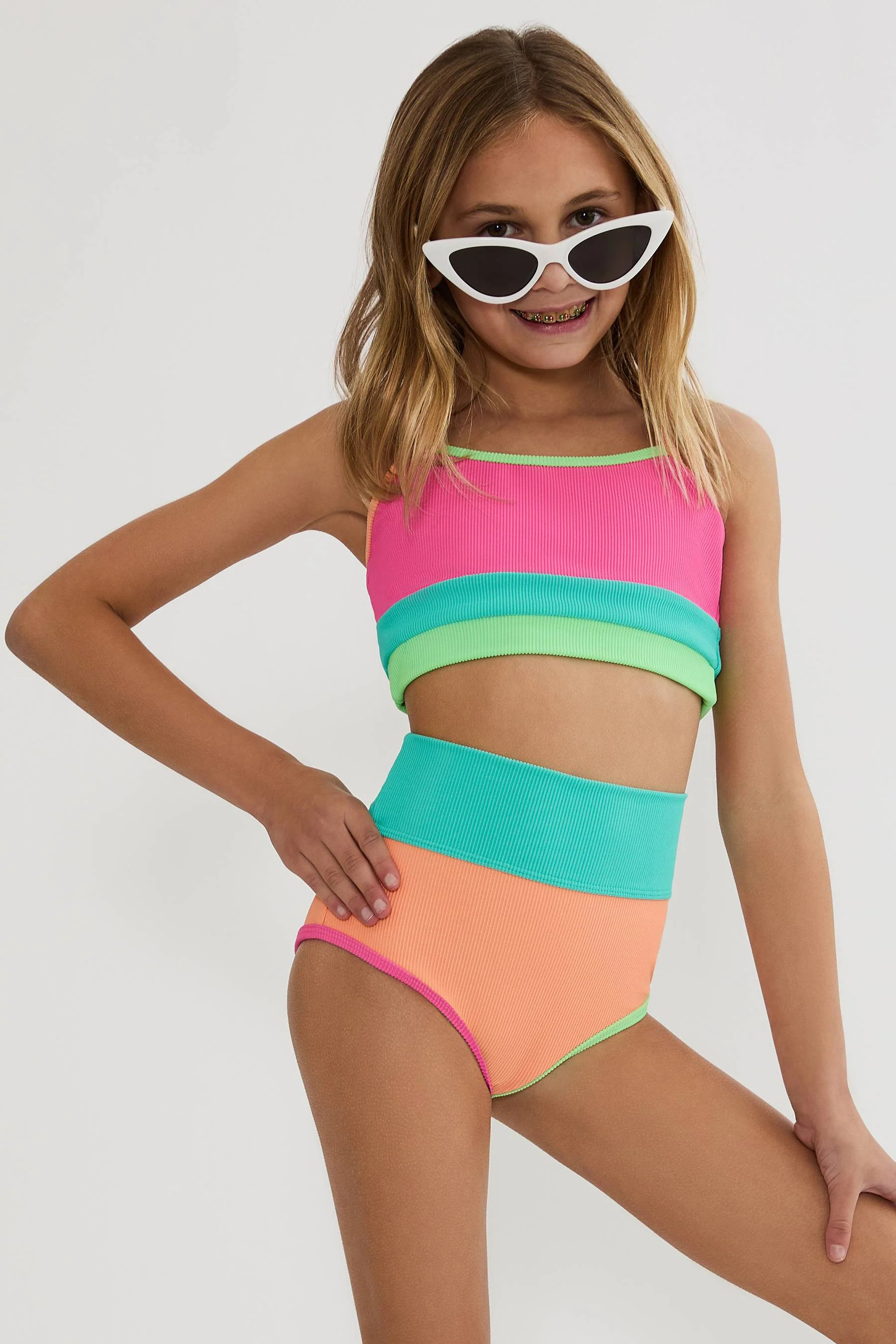 Little Eva & Emmie Set Aqua Haze Colorblock | Girls Colorblock Swim Set | Beach Riot | Beach Riot