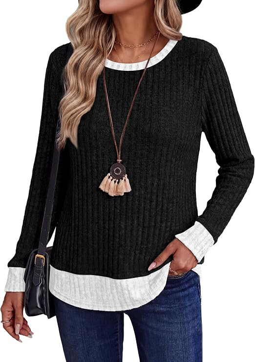 WIHOLL Womens Long Sleeve Shirts Fall Outfits Color Block Fashion Clothing Lightweight Tunic Tops... | Amazon (US)