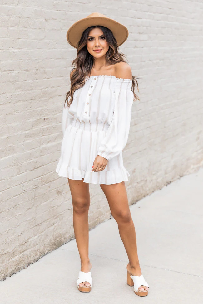 Sophisticated Entrance Striped Taupe Romper FINAL SALE | Pink Lily