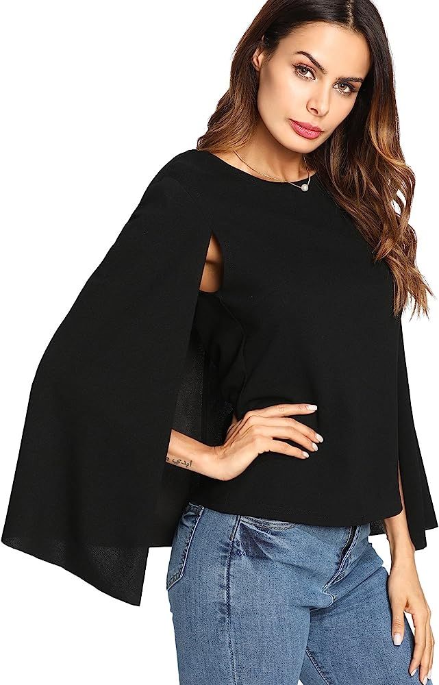 Romwe Women's Elegant Cape Cloak Sleeve Round Neck Party Top Blouse | Amazon (US)