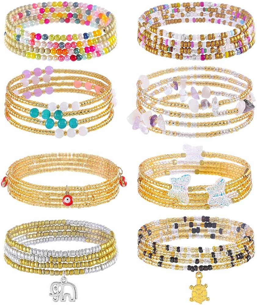 ELABEST 24-47inch African Waist Beads for Women 8Pcs Elastic Belly Beads Colorful Beaded Waist Je... | Amazon (US)