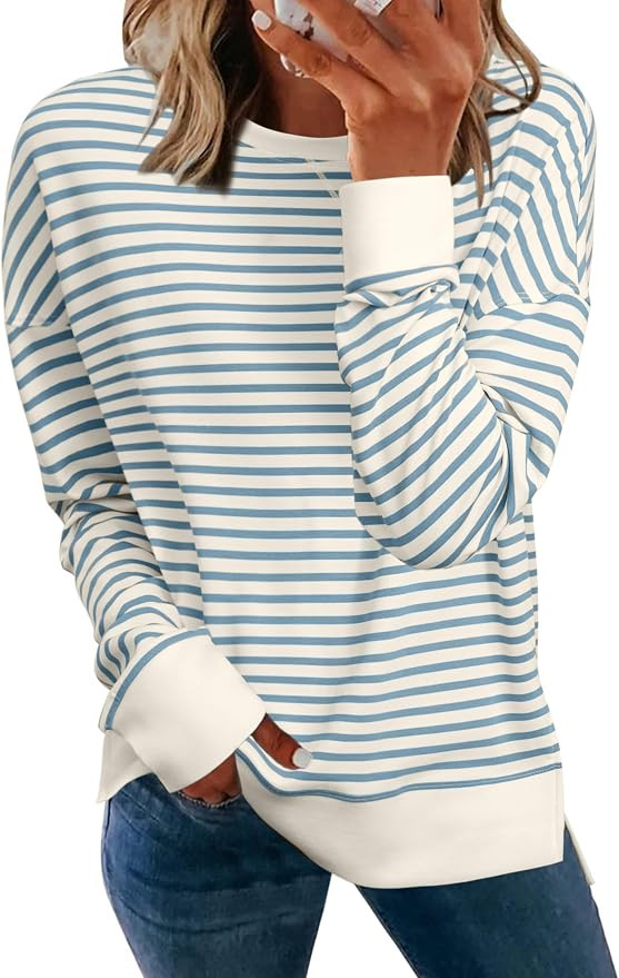 Simplee Womens Oversized Striped Sweatshirt Casual Long Sleeve Crewneck Loose Trendy Pullover Top... | Amazon (US)