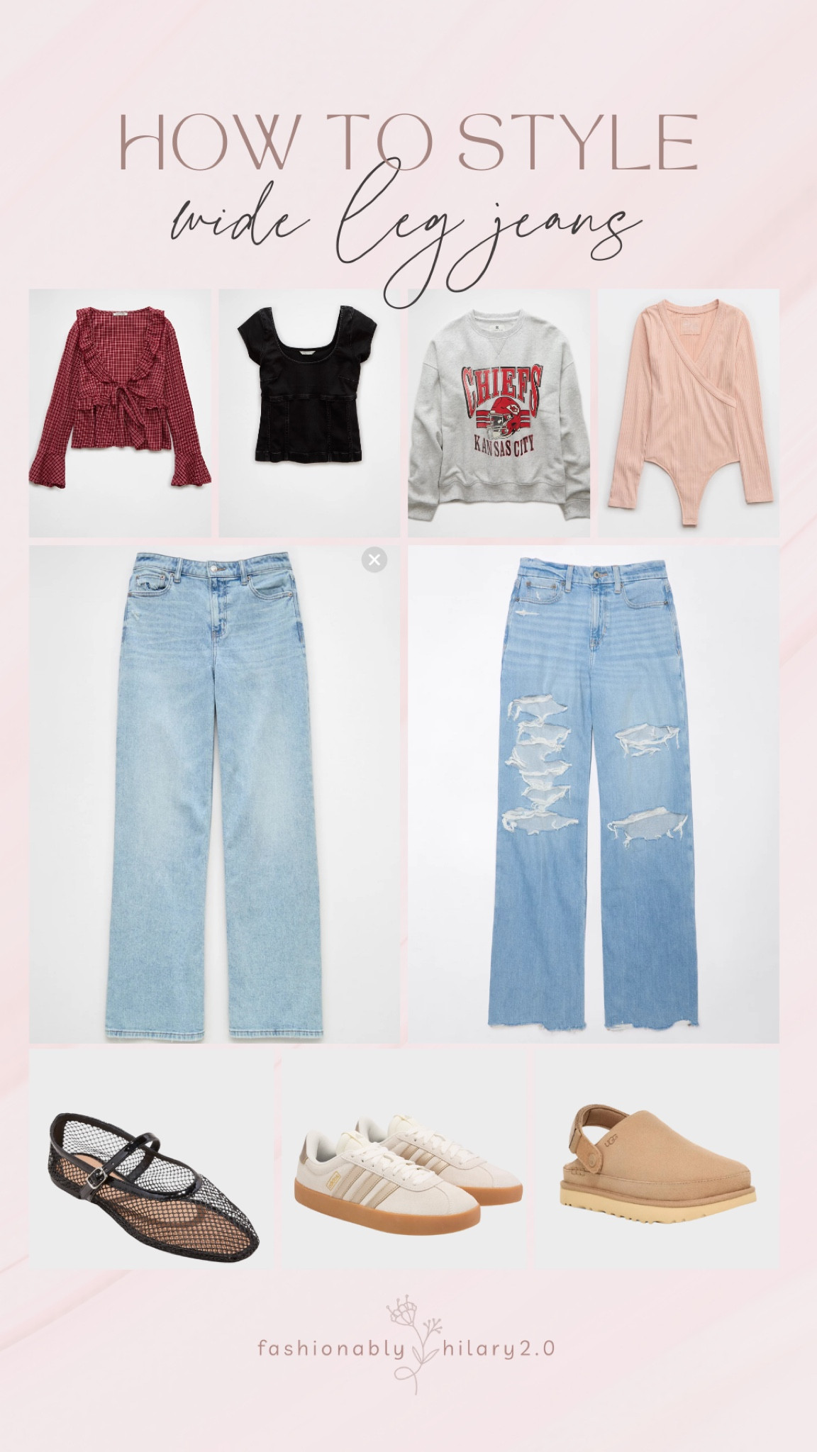 Sooo many requests on how to style wide leg baggy jeans so here is what’s in my cart during the LTK Fall Sale. The jeans are my 2 best sellers (one non-distressed and one distressed denim) and the tops  are 20% off now through Sunday 9/29🙌 🩷pair with a red v neck top that has flowy arms to complement the flow of the jeans 🩷this black denim cuff sleeve top is sexy enough for date night with the low back but can also be worn casually. Pair with the trendy mesh flats or a bootie 🩷a loose fitting crew neck football sweatshirt (these rarely are part of the sale so RUN) add a classic sneaker to finish the comfy outfit 🩷can’t go wrong  with a bodysuit. This faux wrap pink long sleeve bodysuit is soft and another option you can dress up or down. Pair with the IT UGG shoe of the season (might be sold out so but linking all the stores to check!). Casual mom outfit, fall mom outfit, football season outfit

#LTKFindsUnder50 #LTKMidsize #LTKFallSale
