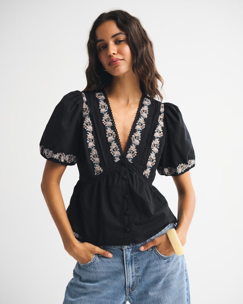 Women's Puff Sleeve Button-Through Top | Women's Tops | Abercrombie.com | Abercrombie & Fitch (US)