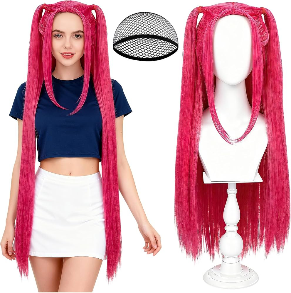 Hot Pink Long Straight Wig with 2 Ponytails for Halloween Costume Cosplay Party, Long Hair with W... | Amazon (US)