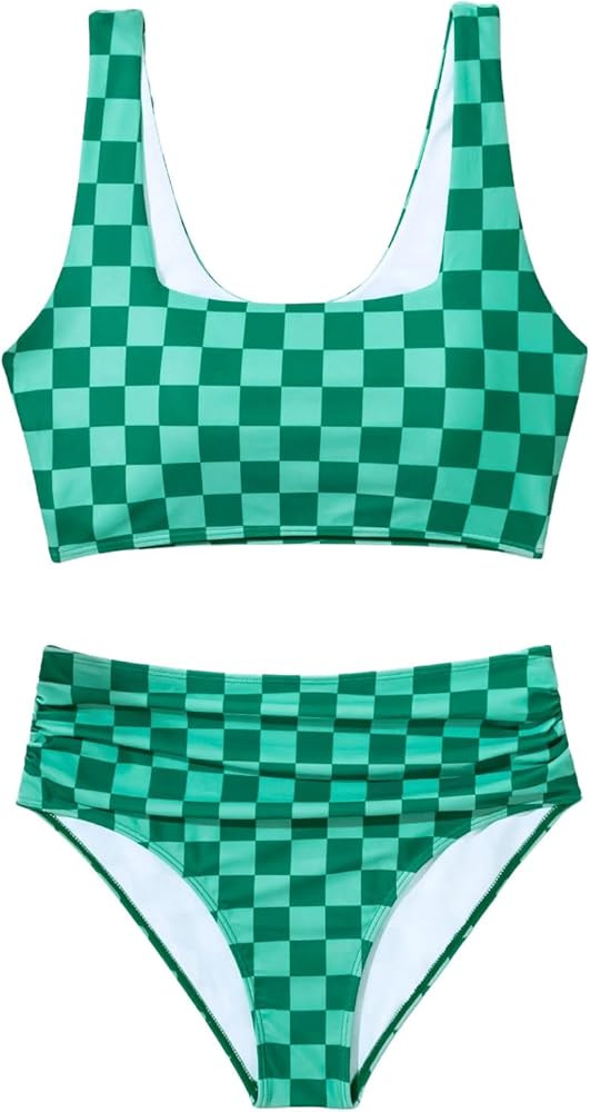 Verdusa Women's Plaid Print High Waisted Bikini Sets Two Piece Swimsuit Bathing Suits | Amazon (US)