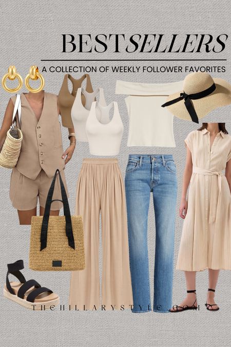 Weekly Best Sellers Fashion: Clothing from Walmart, Nordstrom, Old Navy, Amazon. Sun hat, beige dress, flow pants, denim seamless tank tops, summer romper, beach bag, gold jewelry.

#LTKstyletip #LTKSeasonal #LTKtravel