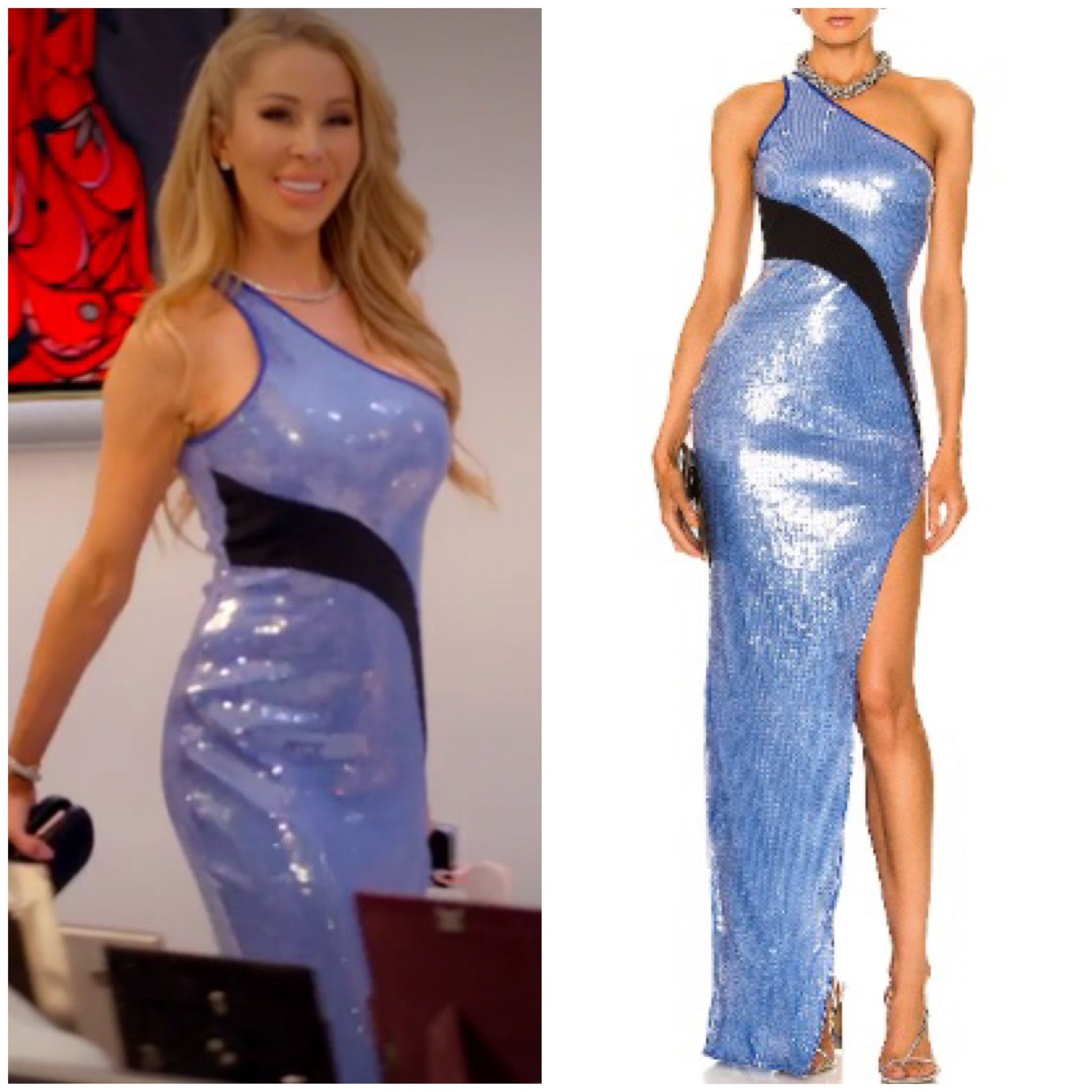 Lisa Barlow’s Light Blue and Black Asymmetrical Slit Dress