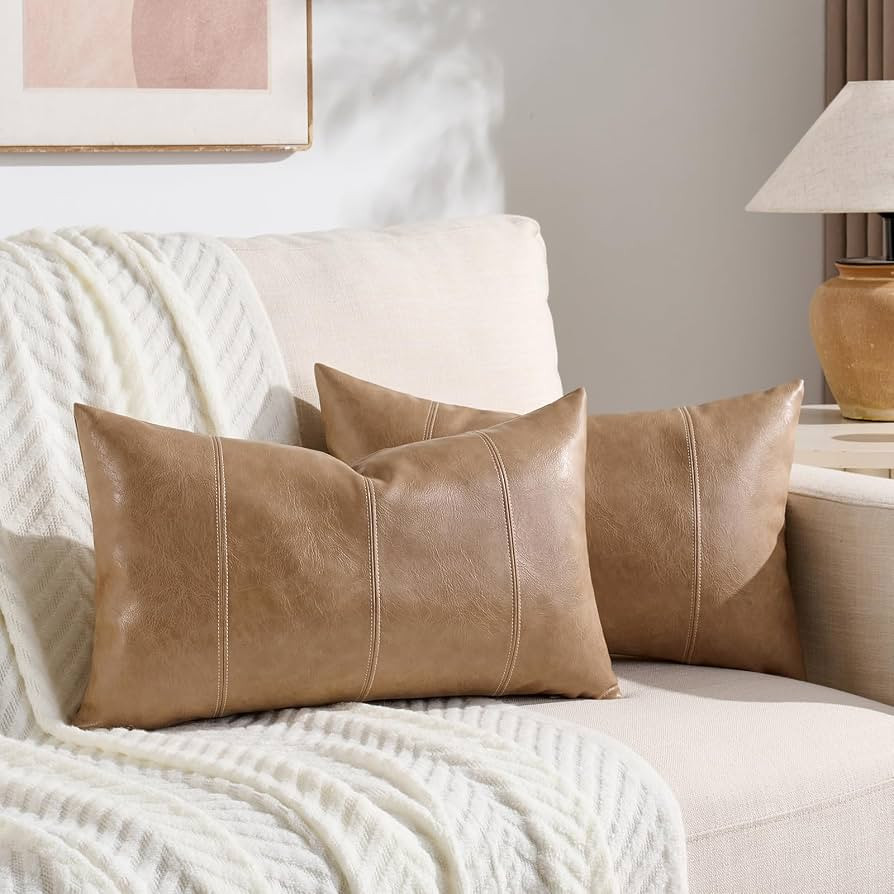 Fancy Homi 2 Packs Light Brown Boho Lumbar Faux Leather Body Decorative Throw Pillow Cover 12x20 ... | Amazon (US)