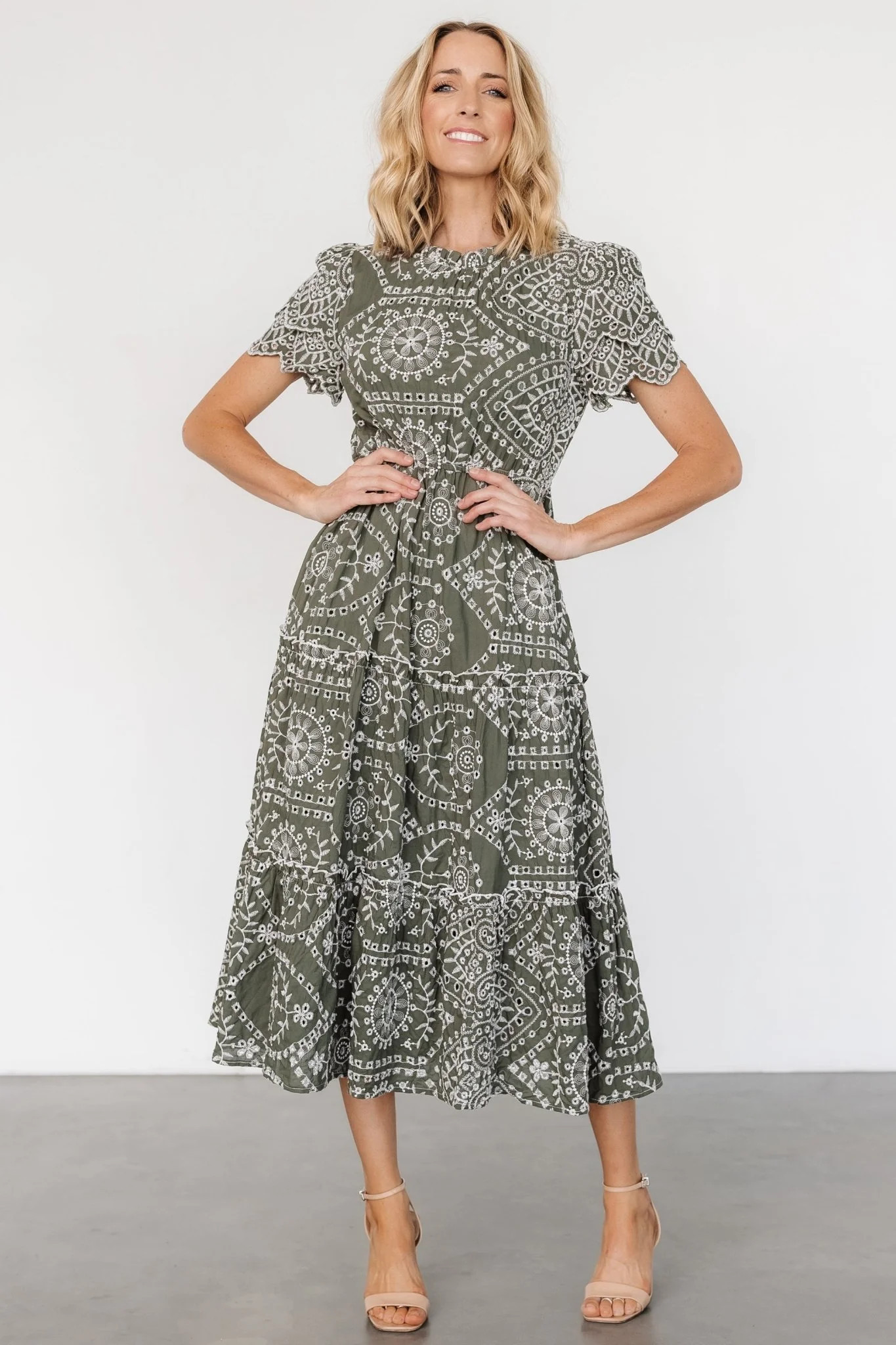 Mirabel Eyelet Midi Dress | Olive + White | Baltic Born