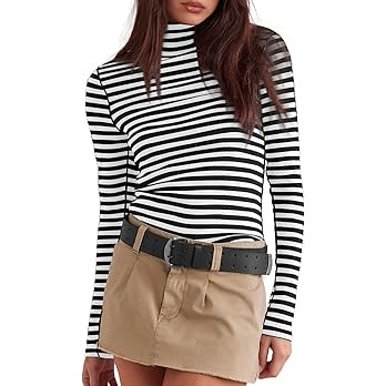 Darong Womens Striped Turtleneck Shirt Long Sleeve Undershirts Ribbed Slim Fit Top Fitted Basic T... | Amazon (US)