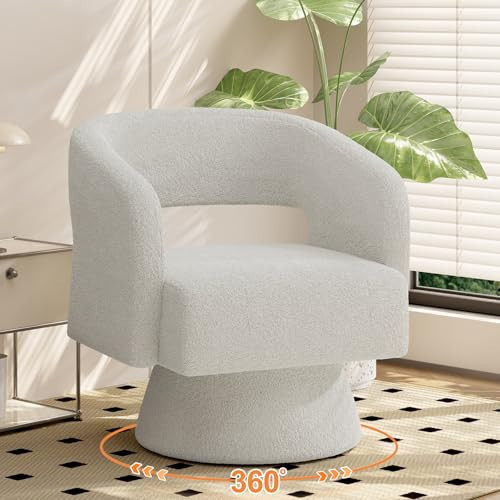 Swivel Barrel Accent Chair,Oversized Teddy Upholstered Round Swivel Chair,Modern Luxury 360 Degree Living Room Vanity Chair for Bedroom Office,White | Amazon (US)