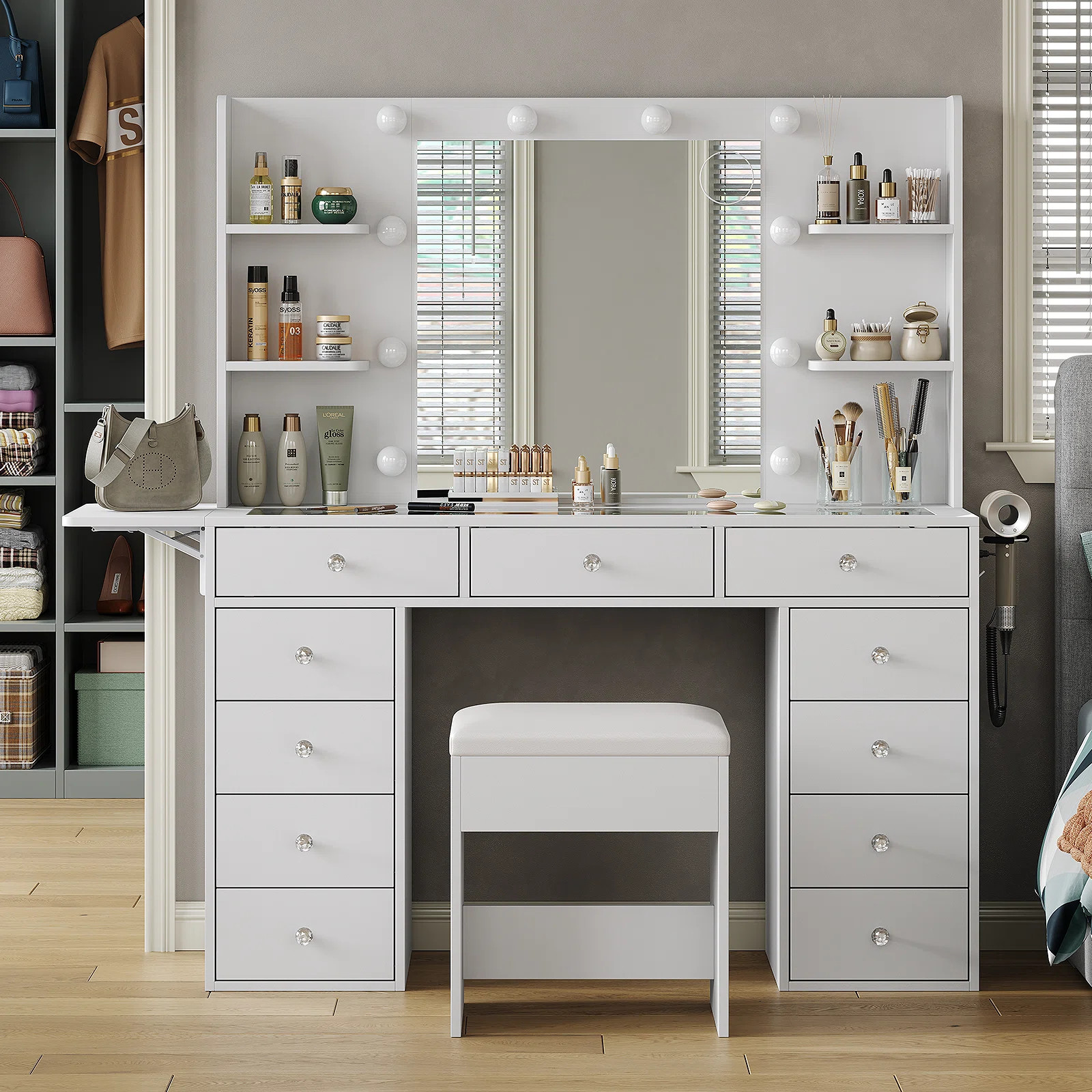 Milah Desk With Power Outlet, 11 Drawers Makeup Milah With Lighted Mirror, 3 Colors Adjustable, G... | Wayfair North America