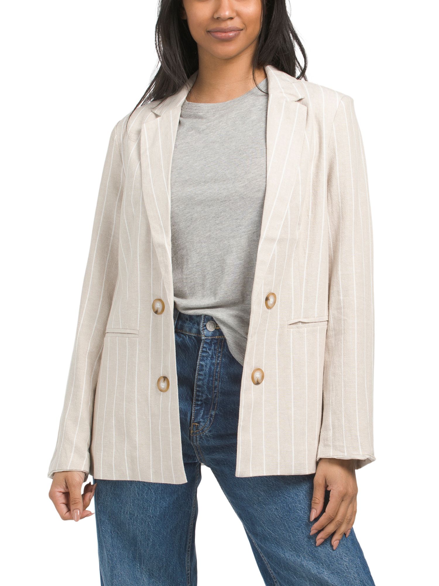 Linen Blend Striped Double Breasted Long Sleeve Blazer | Marshalls