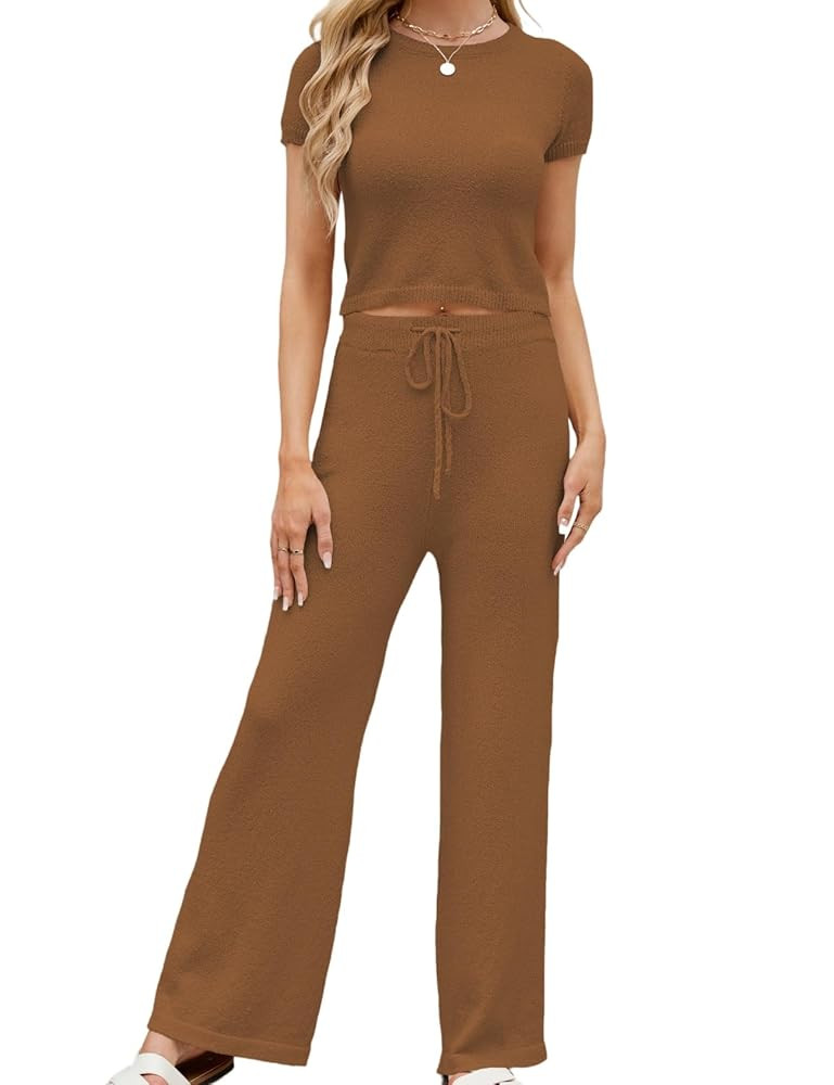 Perbai Womens 2 Piece Ribbed Knit Summer Outfits Crewneck Short Sleeve Crop Top Wide Leg Palazzo ... | Amazon (US)